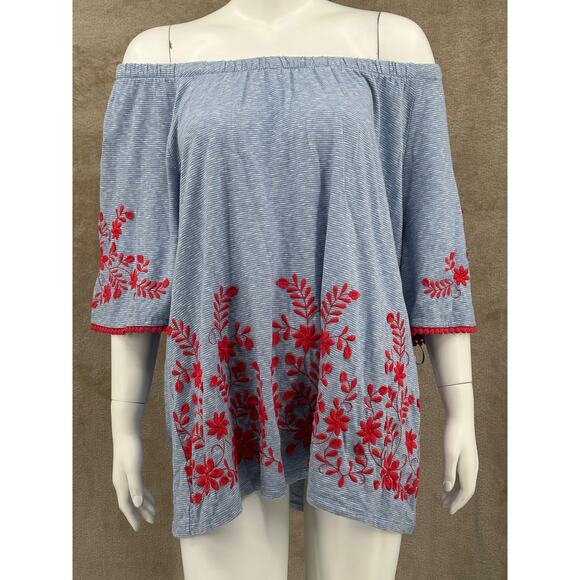 Talbots‎ Top Womens 2X Blue Off the Shoulder Red Floral Embroidered Cotton Boho - Picture 1 of 10